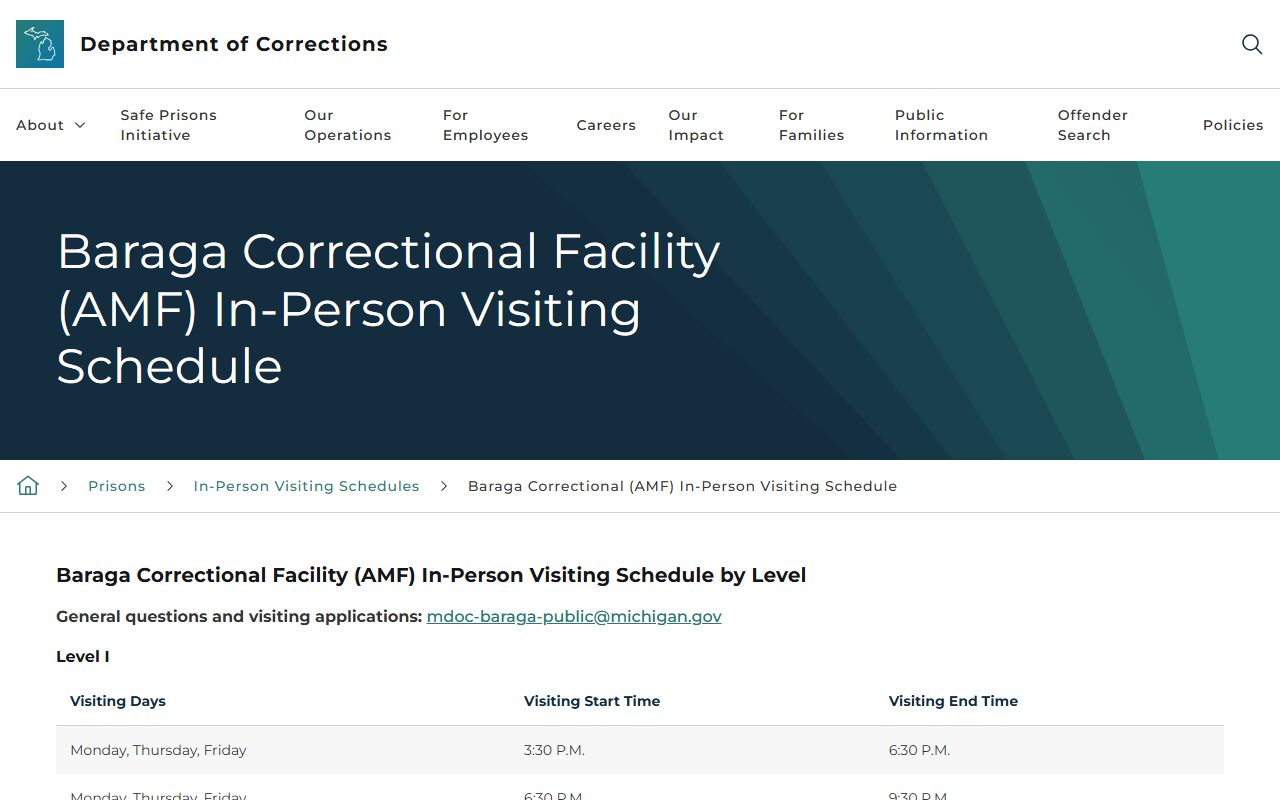 MDOC Baraga Correctional Facility in-person visiting schedule